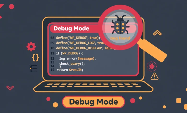 Flat illustration of a laptop showing code with a magnifying glass finding a bug, representing WordPress debug mode