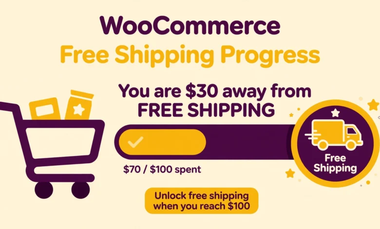 Flat illustration of a shopping cart with a progress bar showing the path to free shipping