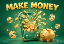 Vibrant 3D illustration of a smartphone sprouting golden coins and a piggy bank, emerald green and gold palette