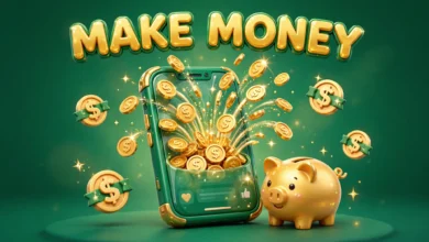 Vibrant 3D illustration of a smartphone sprouting golden coins and a piggy bank, emerald green and gold palette