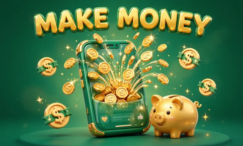 Vibrant 3D illustration of a smartphone sprouting golden coins and a piggy bank, emerald green and gold palette