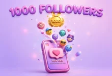 Vibrant 3D illustration of a smartphone with rising follower avatars and a glowing 1000 badge, purple and pink palette