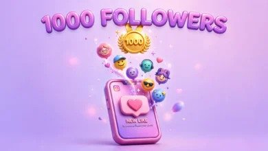 Vibrant 3D illustration of a smartphone with rising follower avatars and a glowing 1000 badge, purple and pink palette