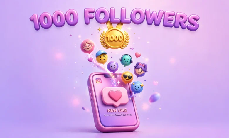 Vibrant 3D illustration of a smartphone with rising follower avatars and a glowing 1000 badge, purple and pink palette