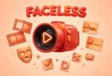 Vibrant 3D illustration of a video camera with a glowing play button and floating film frames, red and orange palette