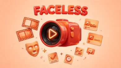 Vibrant 3D illustration of a video camera with a glowing play button and floating film frames, red and orange palette