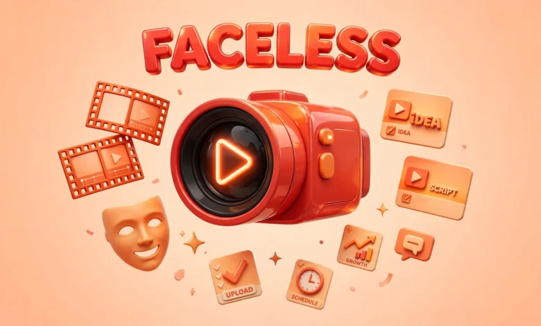 Vibrant 3D illustration of a video camera with a glowing play button and floating film frames, red and orange palette