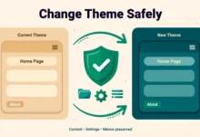 Illustration of a person switching a website theme layout while content boxes stay safely in place