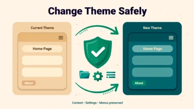 Illustration of a person switching a website theme layout while content boxes stay safely in place