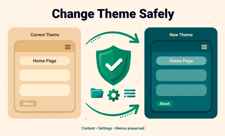 Illustration of a person switching a website theme layout while content boxes stay safely in place