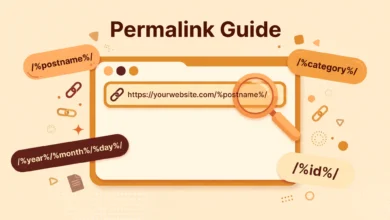 Illustration of clean website URLs linking from a browser address bar to WordPress post pages