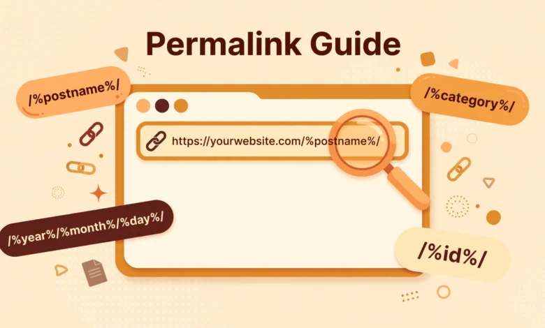 Illustration of clean website URLs linking from a browser address bar to WordPress post pages