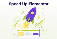 Illustration of a rocket-powered webpage loading fast on a laptop screen with a speed gauge