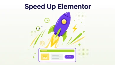 Illustration of a rocket-powered webpage loading fast on a laptop screen with a speed gauge