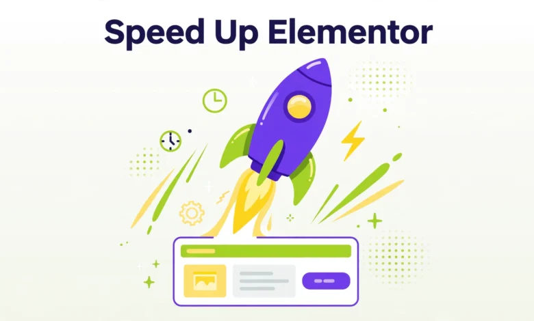 Illustration of a rocket-powered webpage loading fast on a laptop screen with a speed gauge