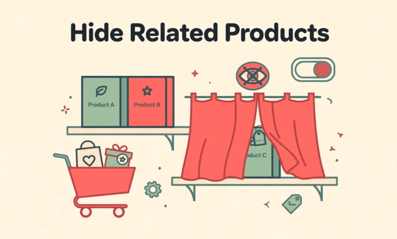 Flat illustration of a WooCommerce product page with related product cards removed for a clean minimal layout