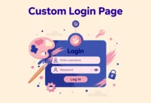 Flat illustration of a customized WordPress login screen with a custom logo, branded background, and a styled login form