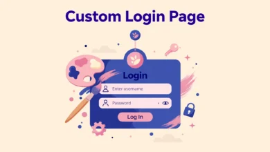 Flat illustration of a customized WordPress login screen with a custom logo, branded background, and a styled login form