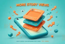 Vibrant 3D illustration of a smartphone showing Instagram story frames with view icons and upward arrows, teal and orange palette