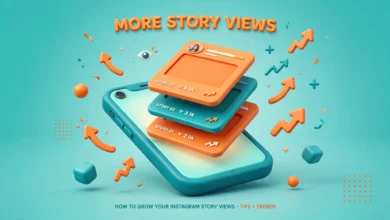 Vibrant 3D illustration of a smartphone showing Instagram story frames with view icons and upward arrows, teal and orange palette
