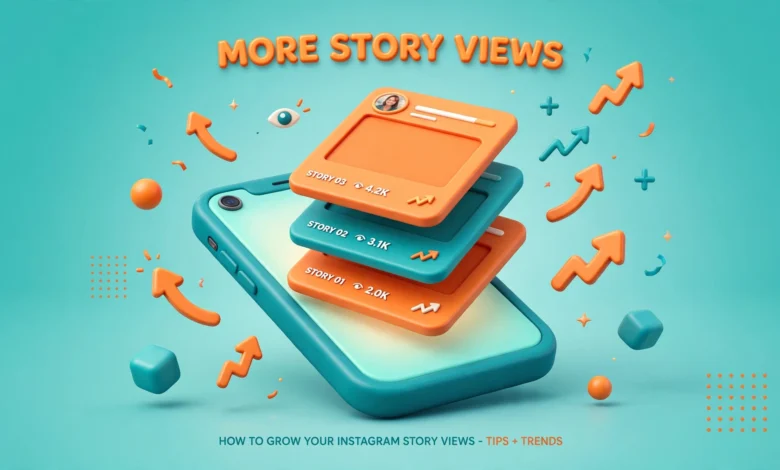 Vibrant 3D illustration of a smartphone showing Instagram story frames with view icons and upward arrows, teal and orange palette