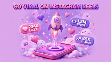 Vibrant 3D illustration of a rocket launching from a smartphone play button with hearts and view counters, purple and pink palette