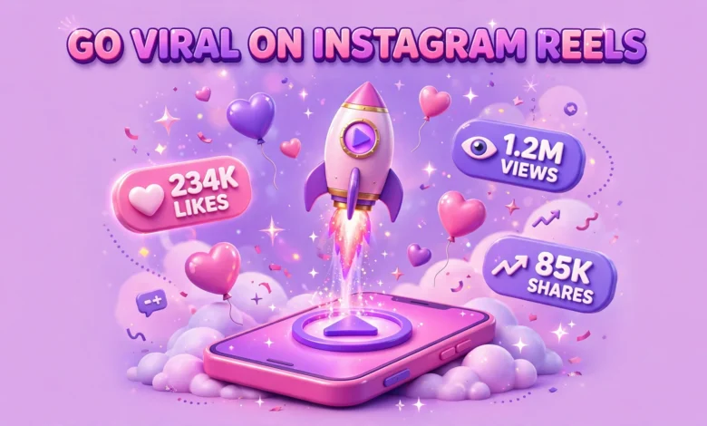 Vibrant 3D illustration of a rocket launching from a smartphone play button with hearts and view counters, purple and pink palette