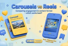 Vibrant 3D illustration of stacked carousel cards beside a smartphone playing a video reel, blue and yellow palette