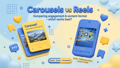 Vibrant 3D illustration of stacked carousel cards beside a smartphone playing a video reel, blue and yellow palette