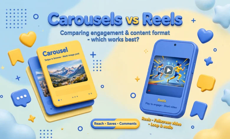 Vibrant 3D illustration of stacked carousel cards beside a smartphone playing a video reel, blue and yellow palette