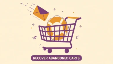 Flat illustration of a shopping cart with a lifebuoy and an email envelope flying toward it on a cream background