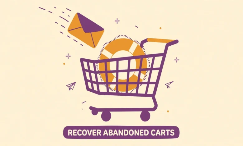 Flat illustration of a shopping cart with a lifebuoy and an email envelope flying toward it on a cream background