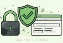Flat illustration of a padlock with a green checkmark shield protecting a website browser window
