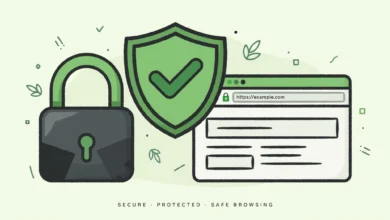 Flat illustration of a padlock with a green checkmark shield protecting a website browser window