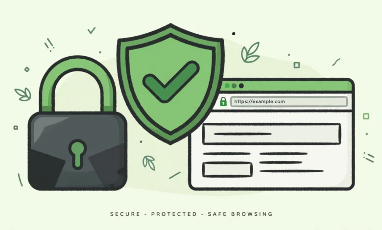 Flat illustration of a padlock with a green checkmark shield protecting a website browser window