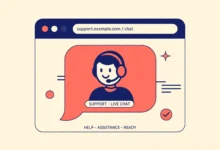 Flat illustration of a chat bubble with a support agent headset inside a browser window on a cream background