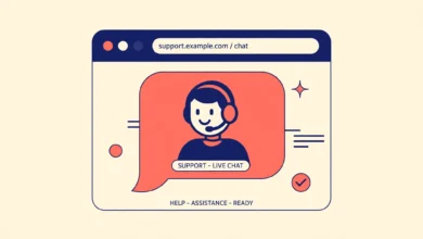 Flat illustration of a chat bubble with a support agent headset inside a browser window on a cream background