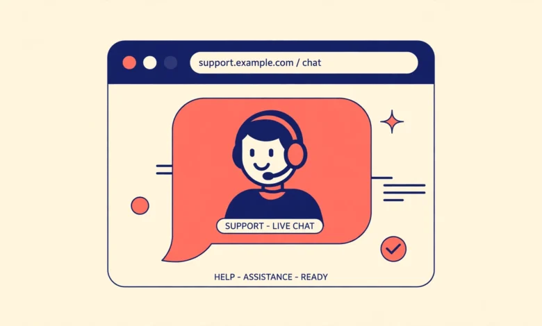 Flat illustration of a chat bubble with a support agent headset inside a browser window on a cream background
