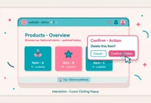 Flat illustration of a website window with a popup card and a cursor clicking it in pink and teal colors