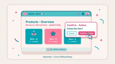 Flat illustration of a website window with a popup card and a cursor clicking it in pink and teal colors