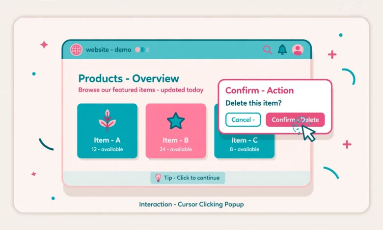 Flat illustration of a website window with a popup card and a cursor clicking it in pink and teal colors