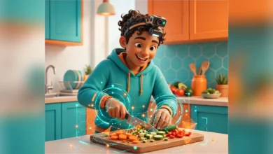 Vibrant 3D illustration of a person wearing a head-mounted camera while cooking in a bright kitchen, with subtle robot vision overlays, orange and teal palette