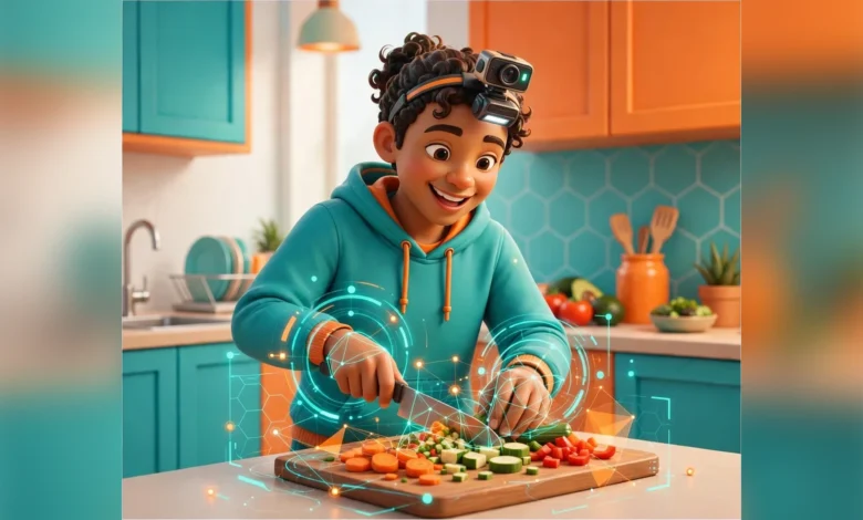 Vibrant 3D illustration of a person wearing a head-mounted camera while cooking in a bright kitchen, with subtle robot vision overlays, orange and teal palette