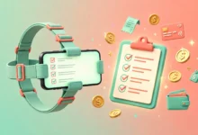 Vibrant 3D illustration of a smartphone mounted on a head strap next to a glowing checklist and floating coin icons, coral and mint palette