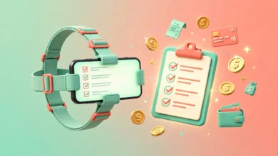 Vibrant 3D illustration of a smartphone mounted on a head strap next to a glowing checklist and floating coin icons, coral and mint palette