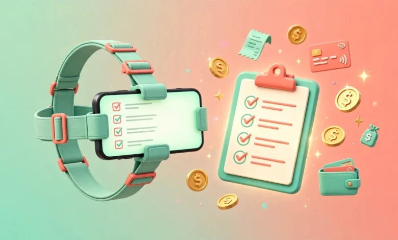 Vibrant 3D illustration of a smartphone mounted on a head strap next to a glowing checklist and floating coin icons, coral and mint palette