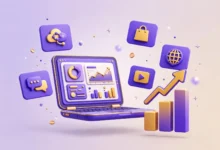 Vibrant 3D illustration of a laptop dashboard showing multiple AI platform cards and a rising earnings chart, violet and gold palette
