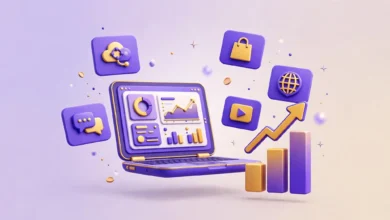 Vibrant 3D illustration of a laptop dashboard showing multiple AI platform cards and a rising earnings chart, violet and gold palette