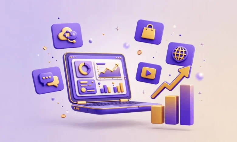 Vibrant 3D illustration of a laptop dashboard showing multiple AI platform cards and a rising earnings chart, violet and gold palette