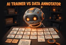 Vibrant 3D illustration of a glowing robot brain beside stacked labeled data cards in an orange and charcoal palette.